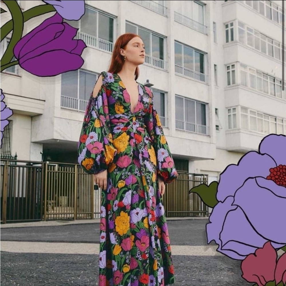 Farm Rio Floral Maxi Dress with Cutout Sleeves